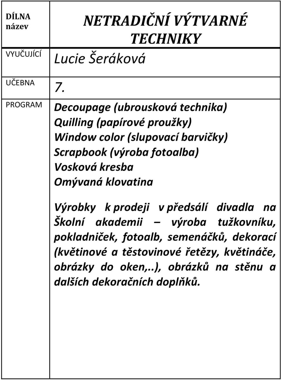 (výroba fotoalba) Vosková kresba Omývaná klovatina Výrobky k prodeji v předsálí divadla na Školní akademii