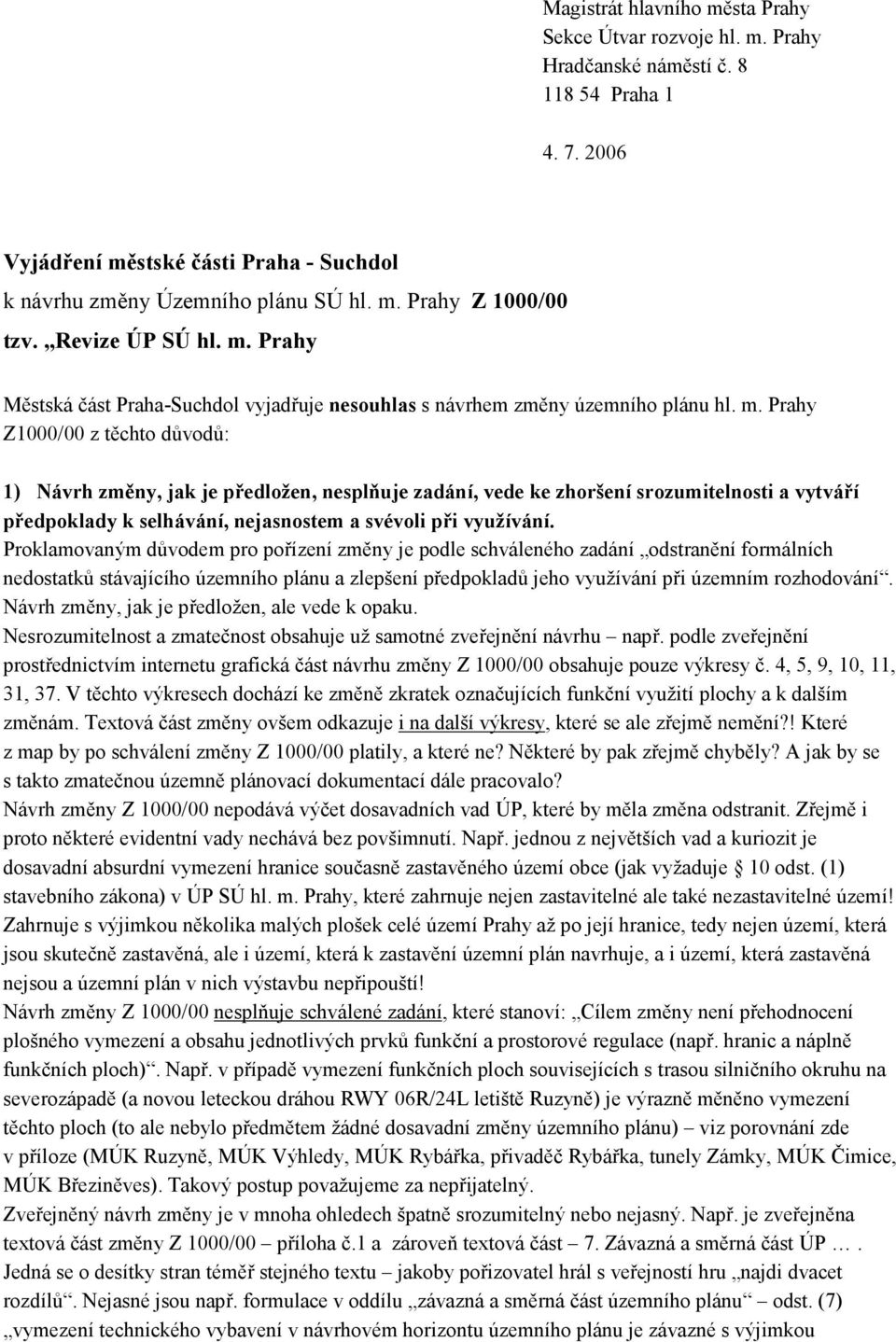 Prahy Městská část Praha-Suchdol vyjadřuje nesouhlas s návrhem změny územního plánu hl. m.
