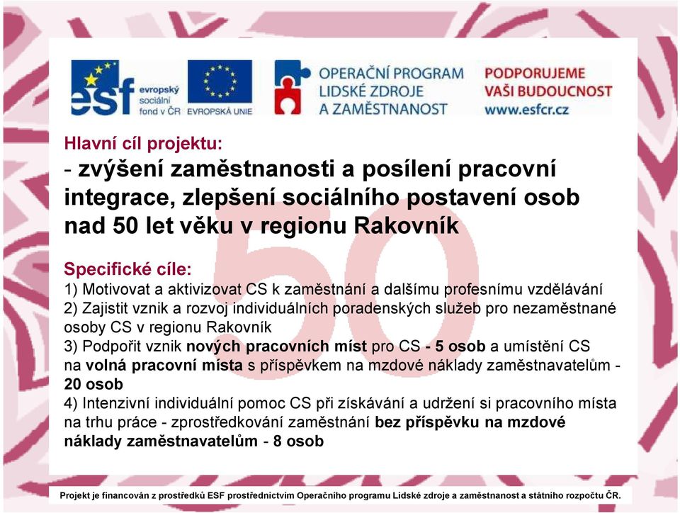 regionu Rakovník 3) Podpořit vznik nových pracovních míst pro CS - 5 osob a umístění CS na volná pracovní místa s příspěvkem na mzdové náklady zaměstnavatelům - 20 osob