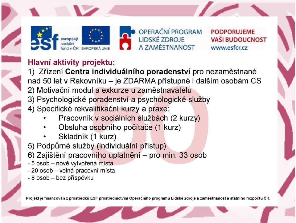 kurzy a praxe: Pracovník v sociálních službách (2 kurzy) Obsluha osobního počítače (1 kurz) Skladník (1 kurz) 5) Podpůrné služby