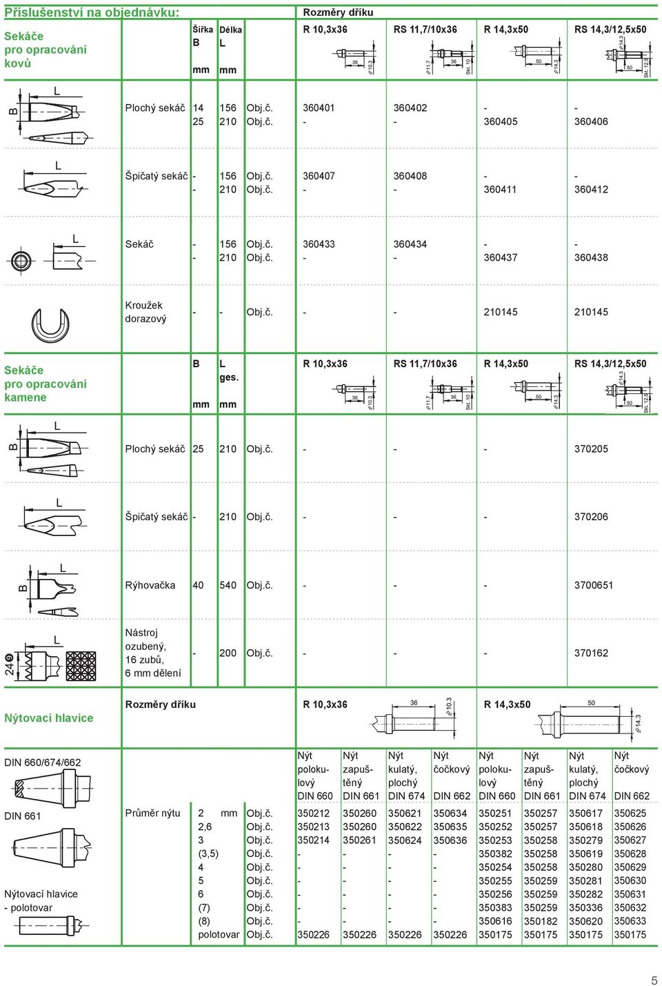 mm R 10,3x36 RS 11,7/10x36 R 14,3x50 RS 14,3/12,5x50 Plochý sekáč 25 210 370205 Špičatý sekáč 210 370206 Rýhovačka 40 540 3700651 Nástroj ozubený, 16 zubů, 6 mm dělení 200 370162 ovací hlavice