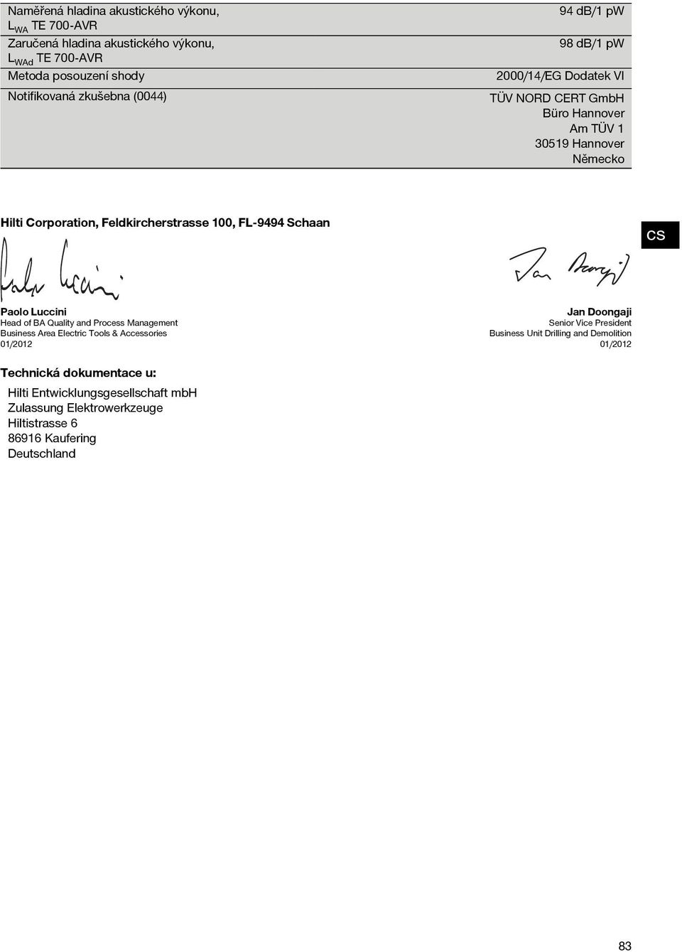 Schaan Paolo Luccini Head of BA Quality and Process Management Business Area Electric Tools & Accessories 01/2012 Jan Doongaji Senior Vice President Business