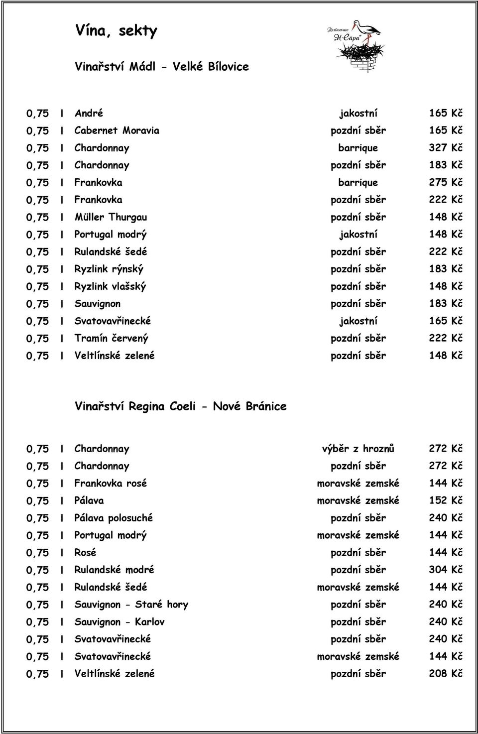 rýnský pozdní sběr 183 Kč 0,75 l Ryzlink vlašský pozdní sběr 148 Kč 0,75 l Sauvignon pozdní sběr 183 Kč 0,75 l Svatovavřinecké jakostní 165 Kč 0,75 l Tramín červený pozdní sběr 222 Kč 0,75 l