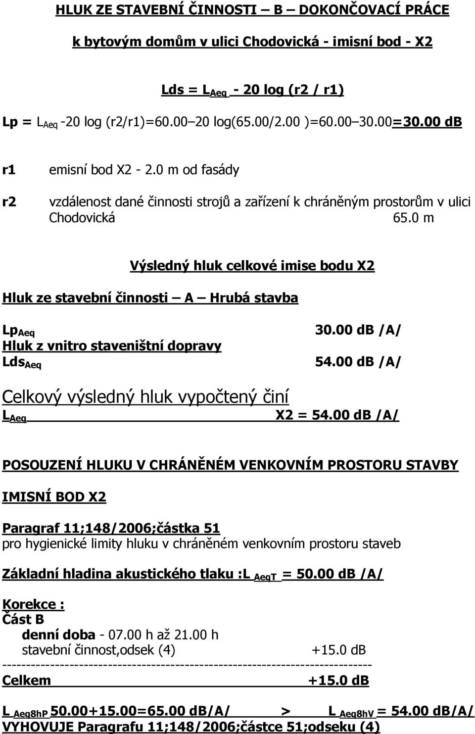 0 m Výsledný hluk celkové imise bodu X Hluk ze stavební činnosti A Hrubá stavba p Aeq Hluk z vnitro staveništní dopravy ds Aeq 30.00 db /A/ 54.