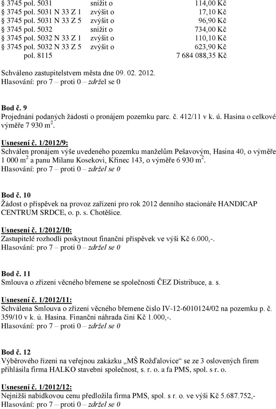 9 Projednání podaných žádostí o pronájem pozemku parc. č. 412/11 v k. ú. Hasina o celkové výměře 7 930 m 2. Usnesení č.
