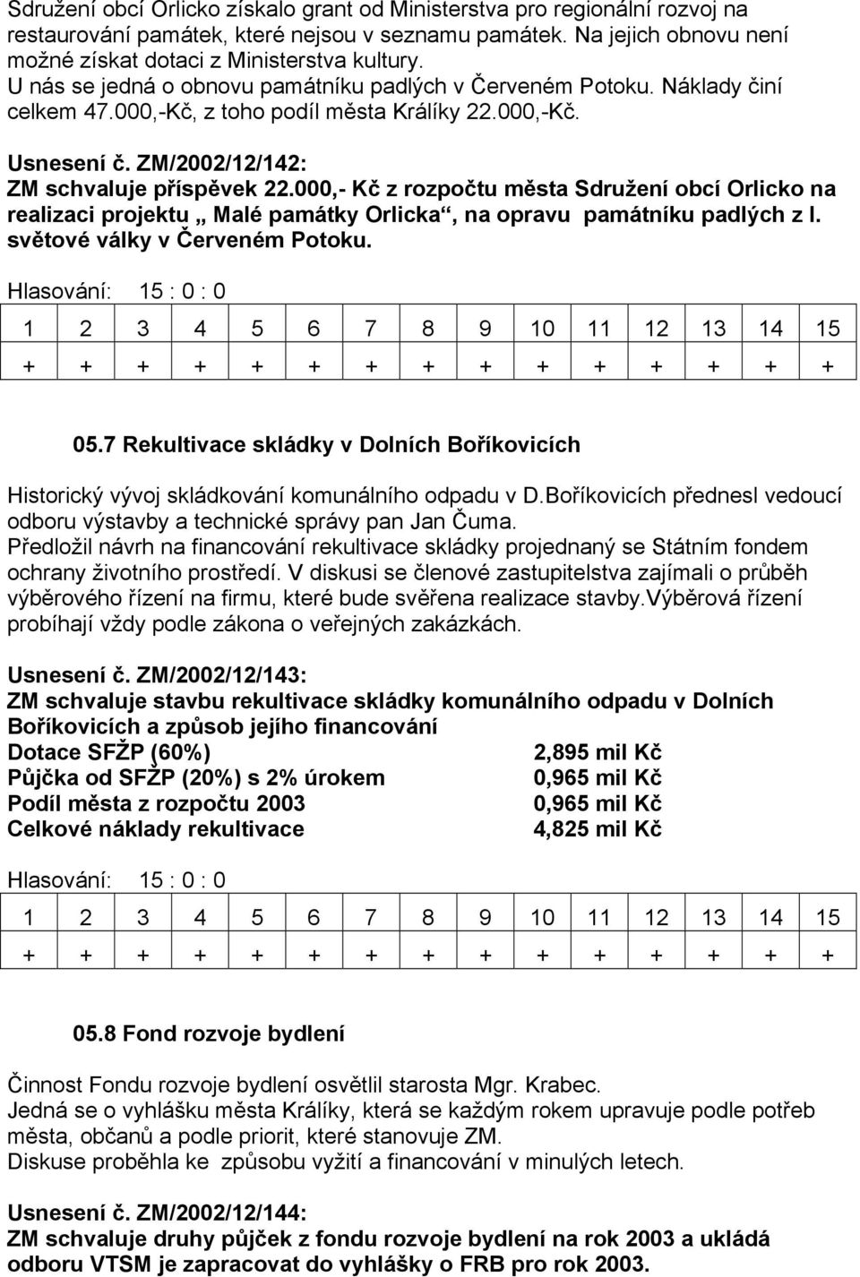 000,- Kč z rozpočtu města Sdružení obcí Orlicko na realizaci projektu Malé památky Orlicka, na opravu památníku padlých z I. světové války v Červeném Potoku. 05.