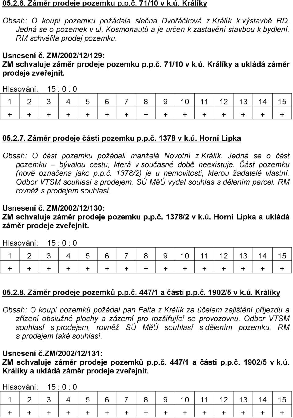Králíky a ukládá záměr prodeje zveřejnit. 05.2.7. Záměr prodeje části pozemku p.p.č. 1378 v k.ú. Horní Lipka Obsah: O část pozemku požádali manželé Novotní z Králík.