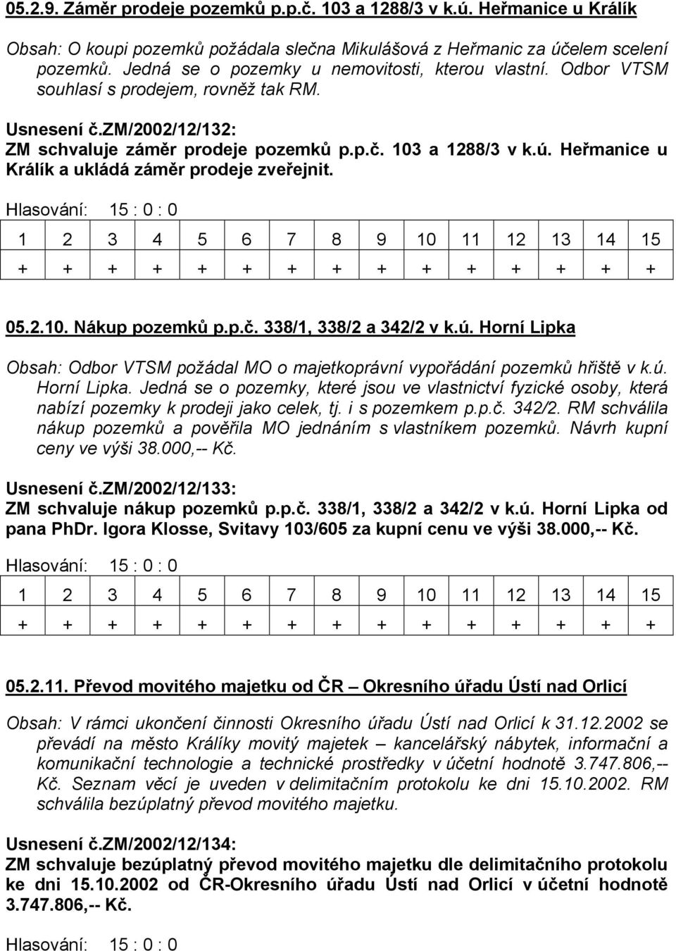 Heřmanice u Králík a ukládá záměr prodeje zveřejnit. 05.2.10. Nákup pozemků p.p.č. 338/1, 338/2 a 342/2 v k.ú. Horní Lipka 