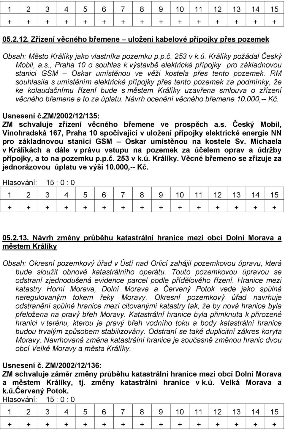 Návrh ocenění věcného břemene 10.000,-- Kč. Usnesení č.zm/2002/12/135: ZM schvaluje zřízení věcného břemene ve prospěch a.s. Český Mobil, Vinohradská 167, Praha 10 spočívající v uložení přípojky elektrické energie NN pro základnovou stanici GSM Oskar umístěnou na kostele Sv.