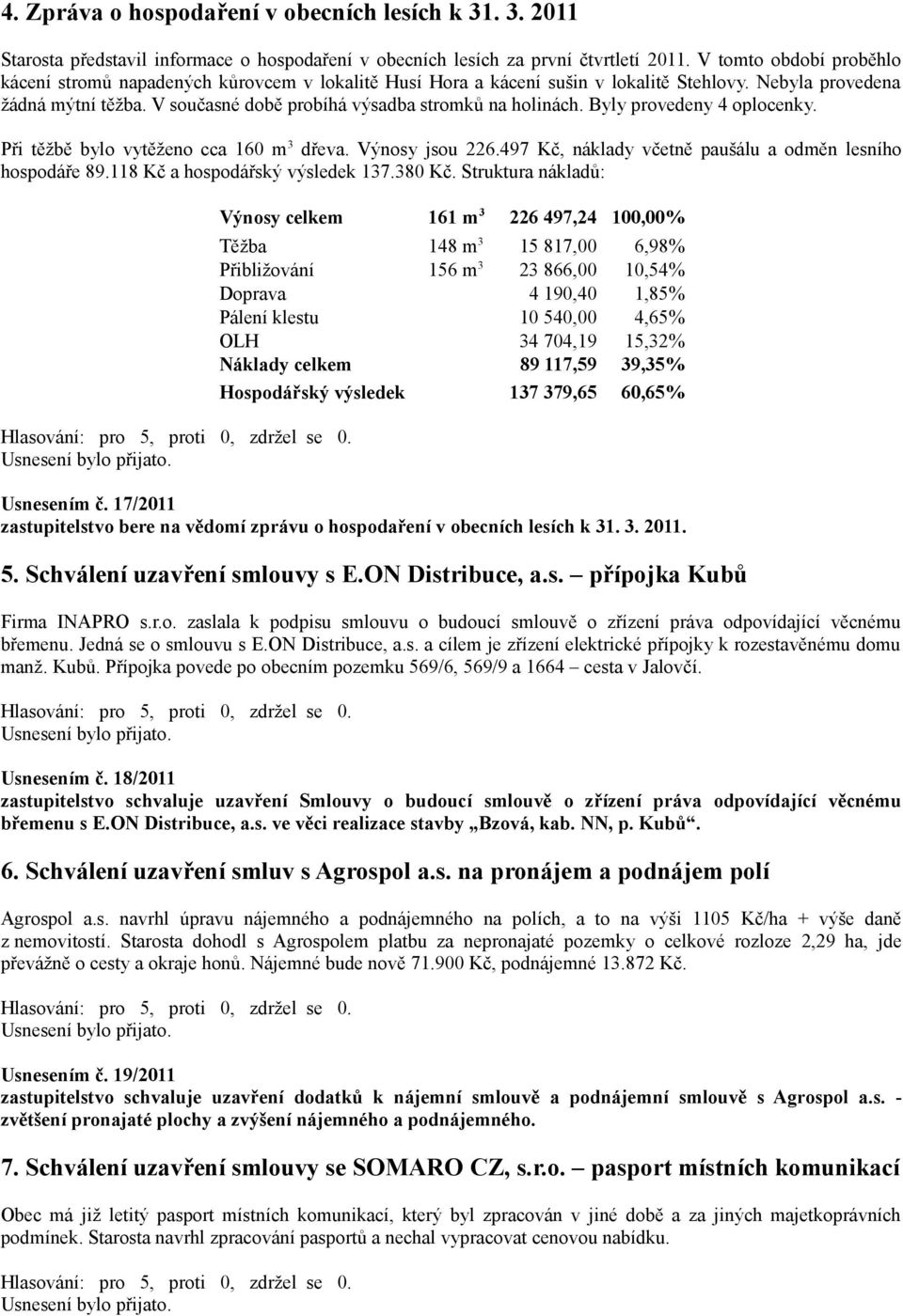 V současné době probíhá výsadba stromků na holinách. Byly provedeny 4 oplocenky. Při těžbě bylo vytěženo cca 160 m 3 dřeva. Výnosy jsou 226.497 Kč, náklady včetně paušálu a odměn lesního hospodáře 89.