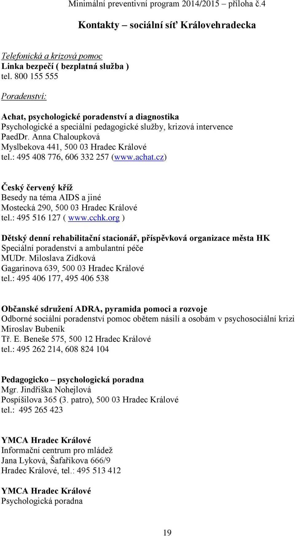 Anna Chaloupková Myslbekova 441, 500 03 Hradec Králové tel.: 495 408 776, 606 332 257 (www.achat.cz) Český červený kříž Besedy na téma AIDS a jiné Mostecká 290, 500 03 Hradec Králové tel.