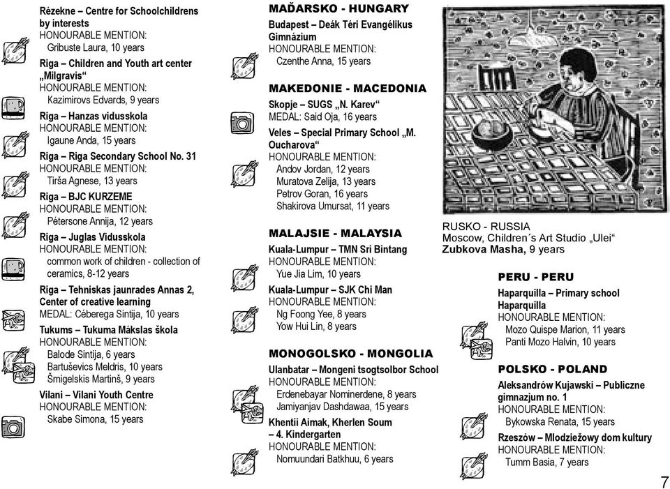 31 Tirša Agnese, 13 years Riga BJC KURZEME Pétersone Annija, 12 years Riga Juglas Vidusskola common work of children - collection of ceramics, 8-12 years Riga Tehniskas jaunrades Annas 2, Center of