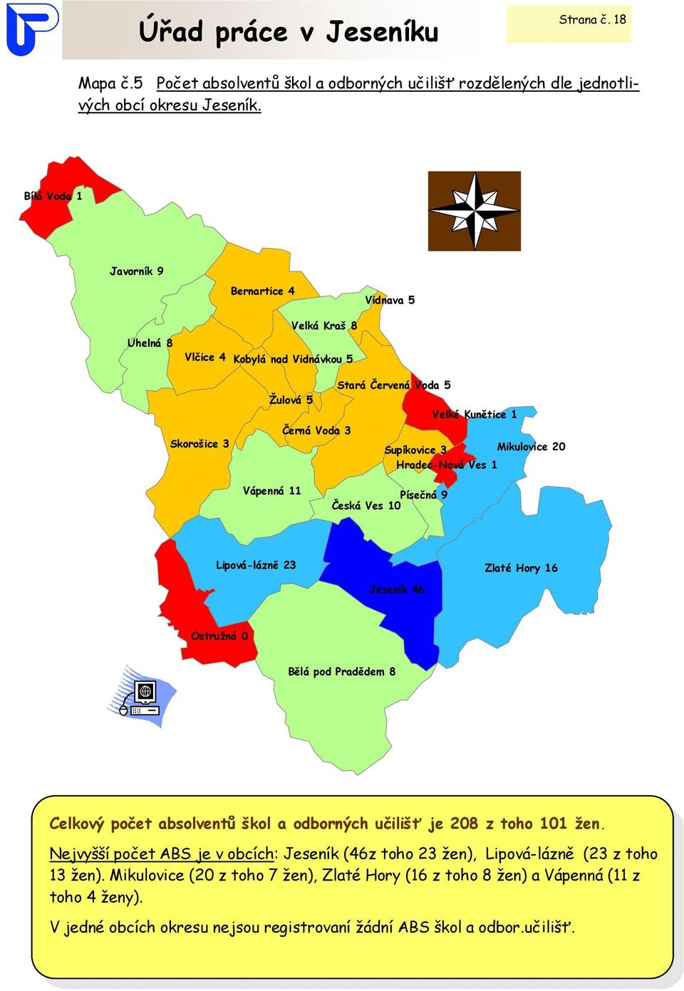 Mikulovice 2 Hradec-Nová Ves 1 Vápenná 11 Písečná 9 Česká Ves 1 Lipová-lázně 23 Jeseník 46 Zlaté Hory 16 Ostružná Bělá pod Pradědem 8 Celkový počet absolventů škol a odborných učilišť je 28