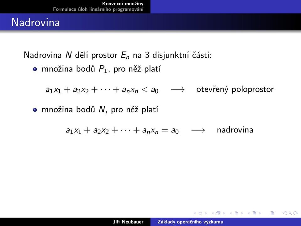 + + a n x n < a 0 otevřený poloprostor množina bodů N,