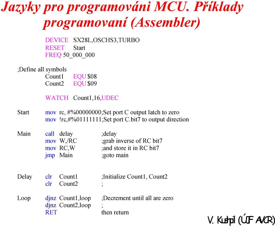 WATCH Count1,16,UDEC Start mov rc, #%00000000;Set port C output latch to zero mov!rc,#%01111111;set port C.