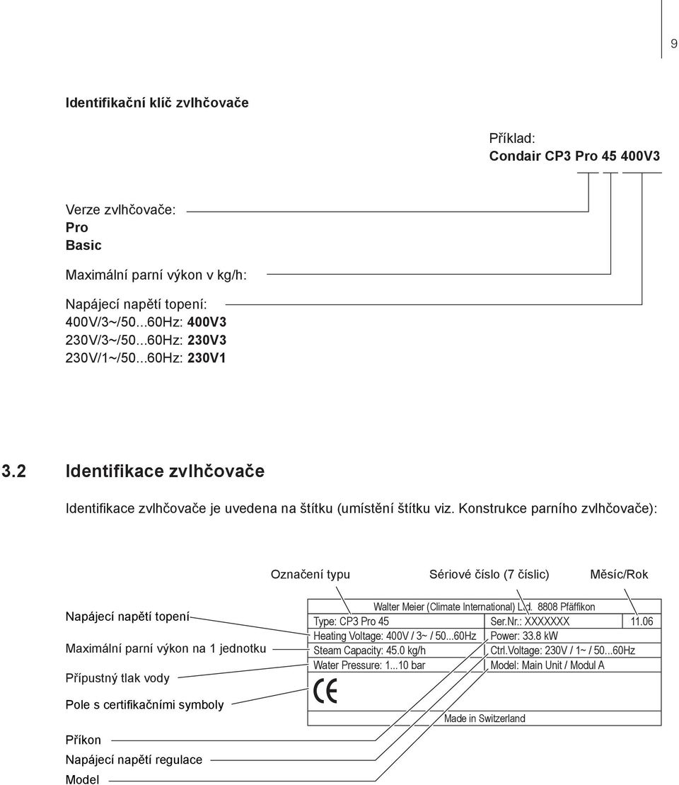 Konstrukce parního zvlhčovače): Označení typu Sériové číslo (7 číslic) Měsíc/Rok Napájecí napětí topení Maximální parní výkon na 1 jednotku Přípustný tlak vody Pole s certifikačními symboly Příkon