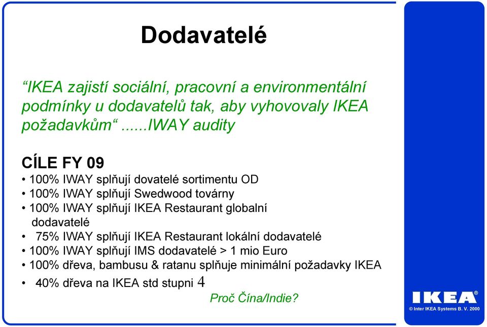 IKEA Restaurant globalní dodavatelé 75% IWAY splňují IKEA Restaurant lokální dodavatelé 100% IWAY splňují IMS dodavatelé