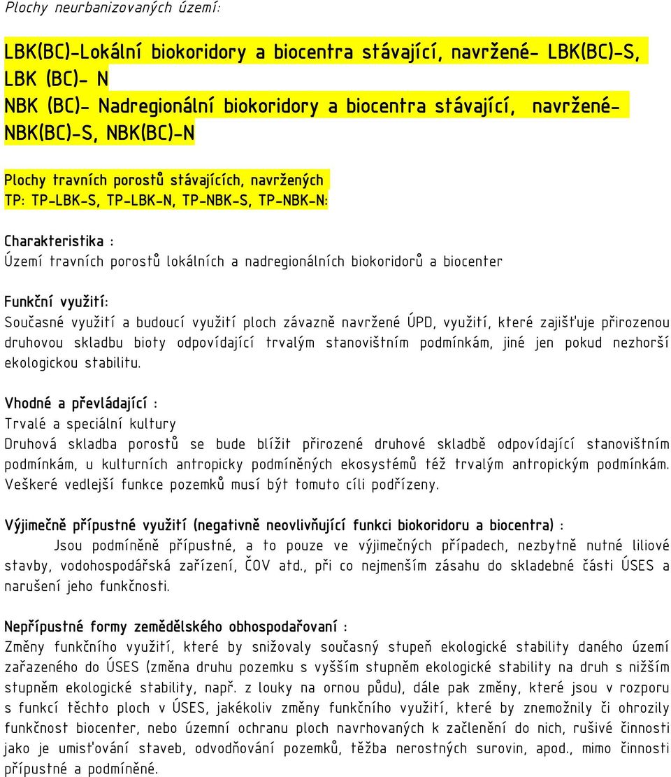 budoucí využití ploch závazně navržené ÚPD, využití, které zajišťuje přirozenou druhovou skladbu bioty odpovídající trvalým stanovištním podmínkám, jiné jen pokud nezhorší ekologickou stabilitu.