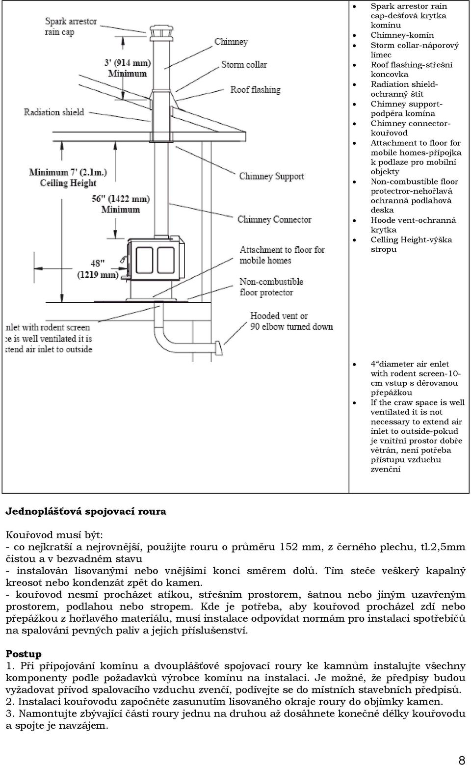 Height-výška stropu 4 diameter air enlet with rodent screen-10cm vstup s děrovanou přepážkou If the craw space is well ventilated it is not necessary to extend air inlet to outside-pokud je vnitřní