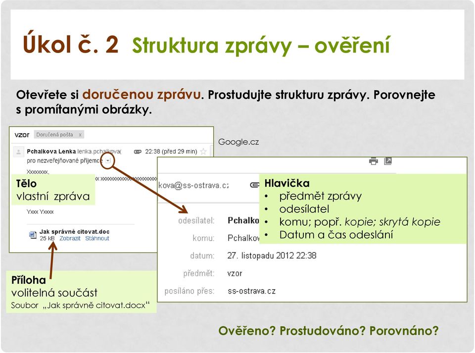 cz Tělo vlastní zpráva Hlavička předmět zprávy odesílatel komu; popř.