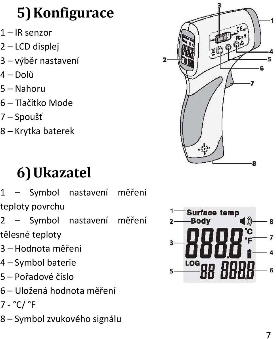 teploty povrchu 2 Symbol nastavení měření tělesné teploty 3 Hodnota měření 4