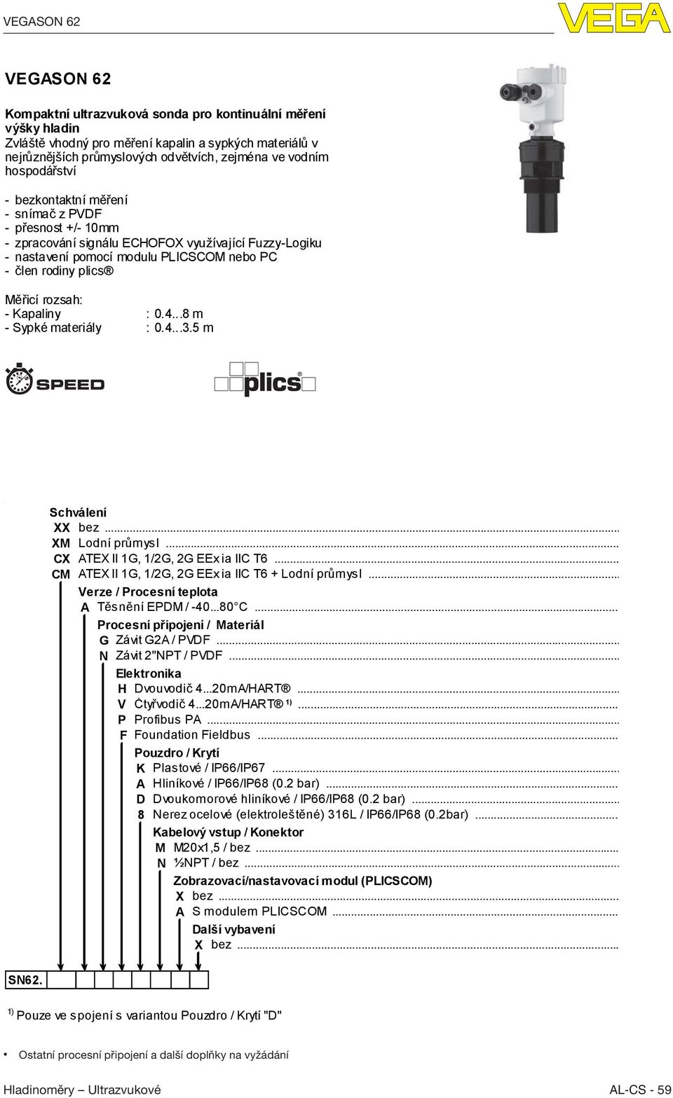 rozsah: - Kapaliny : 0.4...8 m - Sypké materiály : 0.4...3.5 m Schválení XX bez... XM Lodní průmysl... CX ATEX II 1G, 1/2G, 2G EEx ia IIC T6... CM ATEX II 1G, 1/2G, 2G EEx ia IIC T6 + Lodní průmysl.