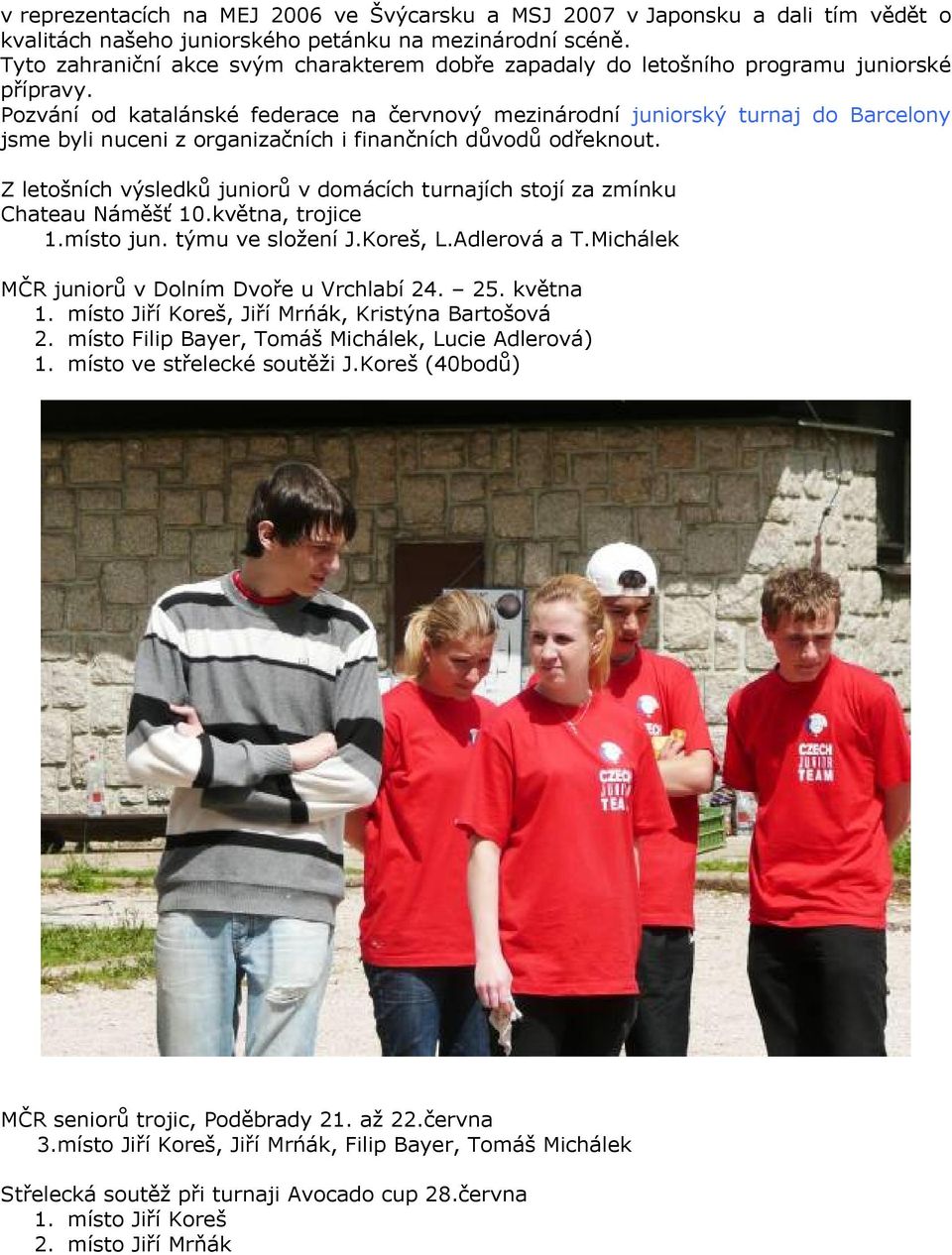 Pozvání od katalánské federace na červnový mezinárodní juniorský turnaj do Barcelony jsme byli nuceni z organizačních i finančních důvodů odřeknout.