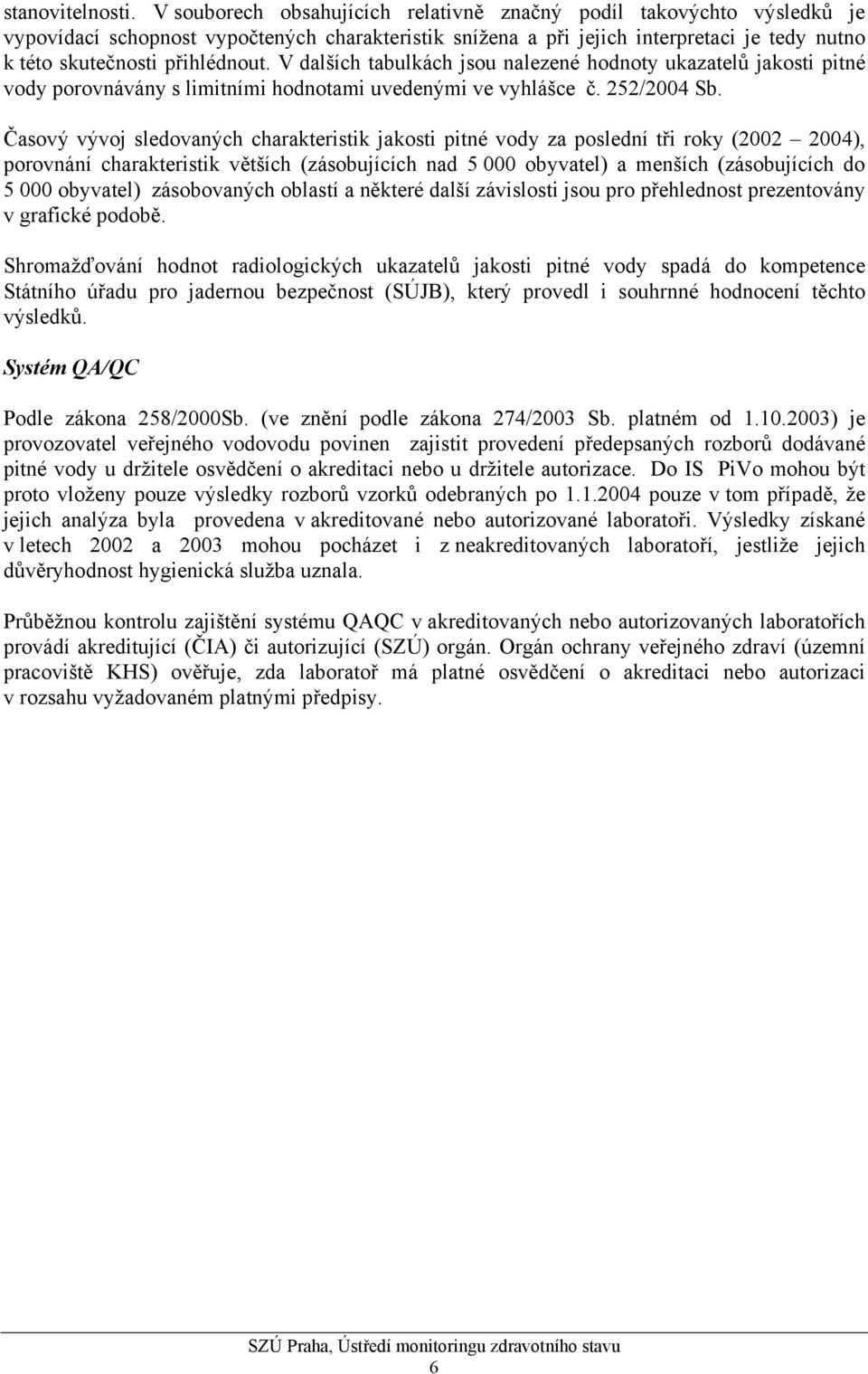 V dalších tabulkách jsou nalezené hodnoty ukazatelů jakosti pitné vody porovnávány s limitními hodnotami uvedenými ve vyhlášce č. 252/2004 Sb.