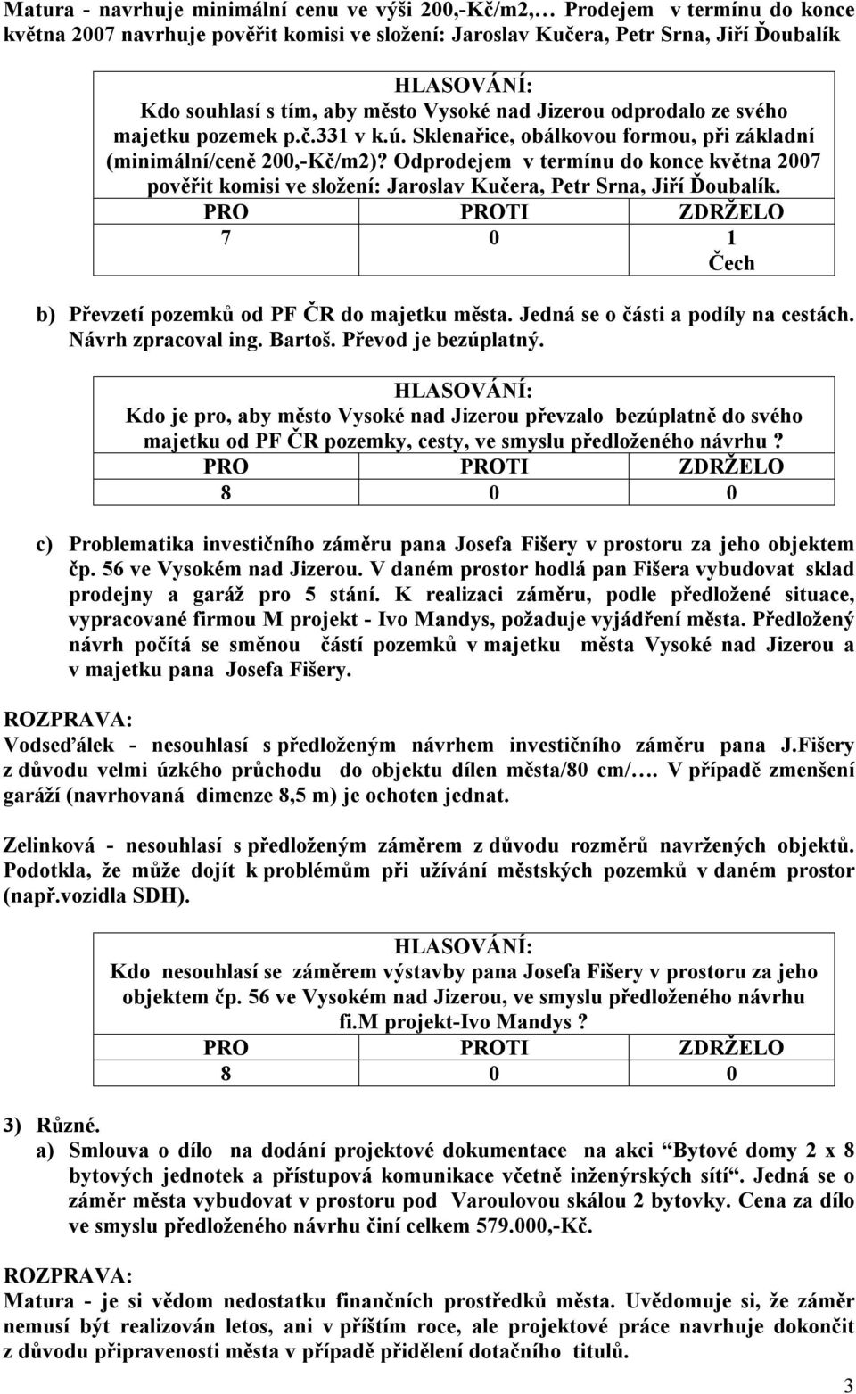 Odprodejem v termínu do konce května 2007 pověřit komisi ve složení: Jaroslav Kučera, Petr Srna, Jiří Ďoubalík. 7 0 1 Čech b) Převzetí pozemků od PF ČR do majetku města.
