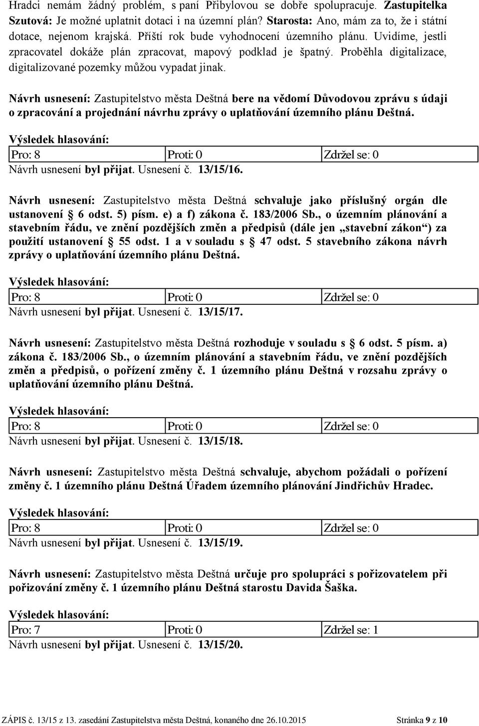 Návrh usnesení: Zastupitelstvo města Deštná bere na vědomí Důvodovou zprávu s údaji o zpracování a projednání návrhu zprávy o uplatňování územního plánu Deštná. Návrh usnesení byl přijat. Usnesení č.