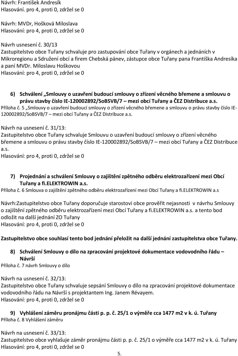 paní MVDr. Miloslavu Hoškovou 6) Schválení Smlouvy o uzavření budoucí smlouvy o zřízení věcného břemene a smlouvu o právu stavby číslo IE-120002892/SoBSVB/7 mezi obcí Tuřany a ČEZ Distribuce a.s. Příloha č.