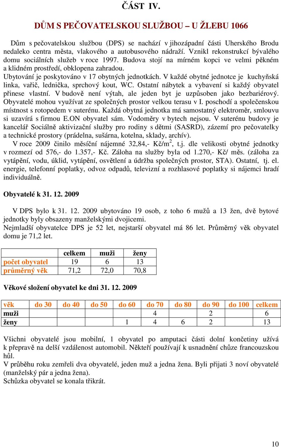 Ubytování je poskytováno v 17 obytných jednotkách. V každé obytné jednotce je kuchyňská linka, vařič, lednička, sprchový kout, WC. Ostatní nábytek a vybavení si každý obyvatel přinese vlastní.