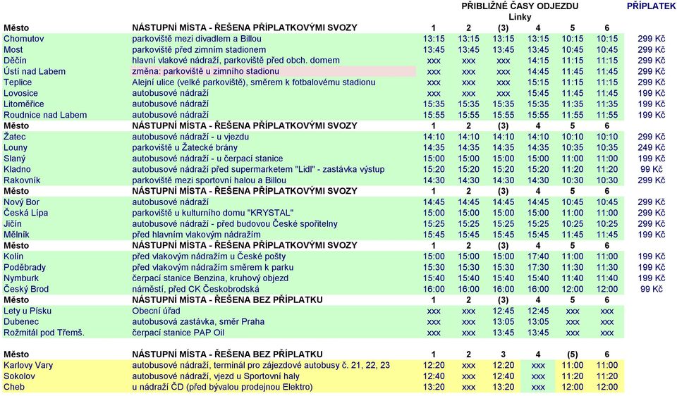 domem xxx xxx xxx 14:15 11:15 11:15 299 Kč Ústí nad Labem změna: parkoviště u zimního stadionu xxx xxx xxx 14:45 11:45 11:45 299 Kč Teplice Alejní ulice (velké parkoviště), směrem k fotbalovému