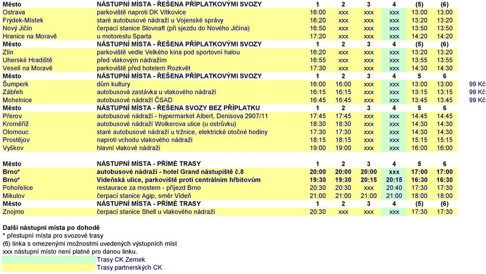 NÁSTUPNÍ MÍSTA - ŘEŠENA PŘÍPLATKOVÝMI SVOZY 1 2 3 4 (5) (6) Zlín parkoviště vedle Velkého kina pod sportovní halou 16:20 xxx xxx xxx 13:20 13:20 Uherské Hradiště před vlakovým nádražím 16:55 xxx xxx