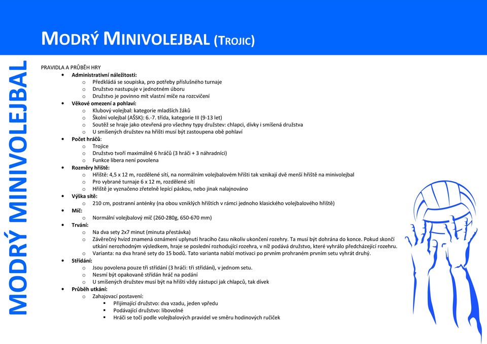 volejbal: kategorie mladších žáků o Školní volejbal (AŠSK): 6.-7.
