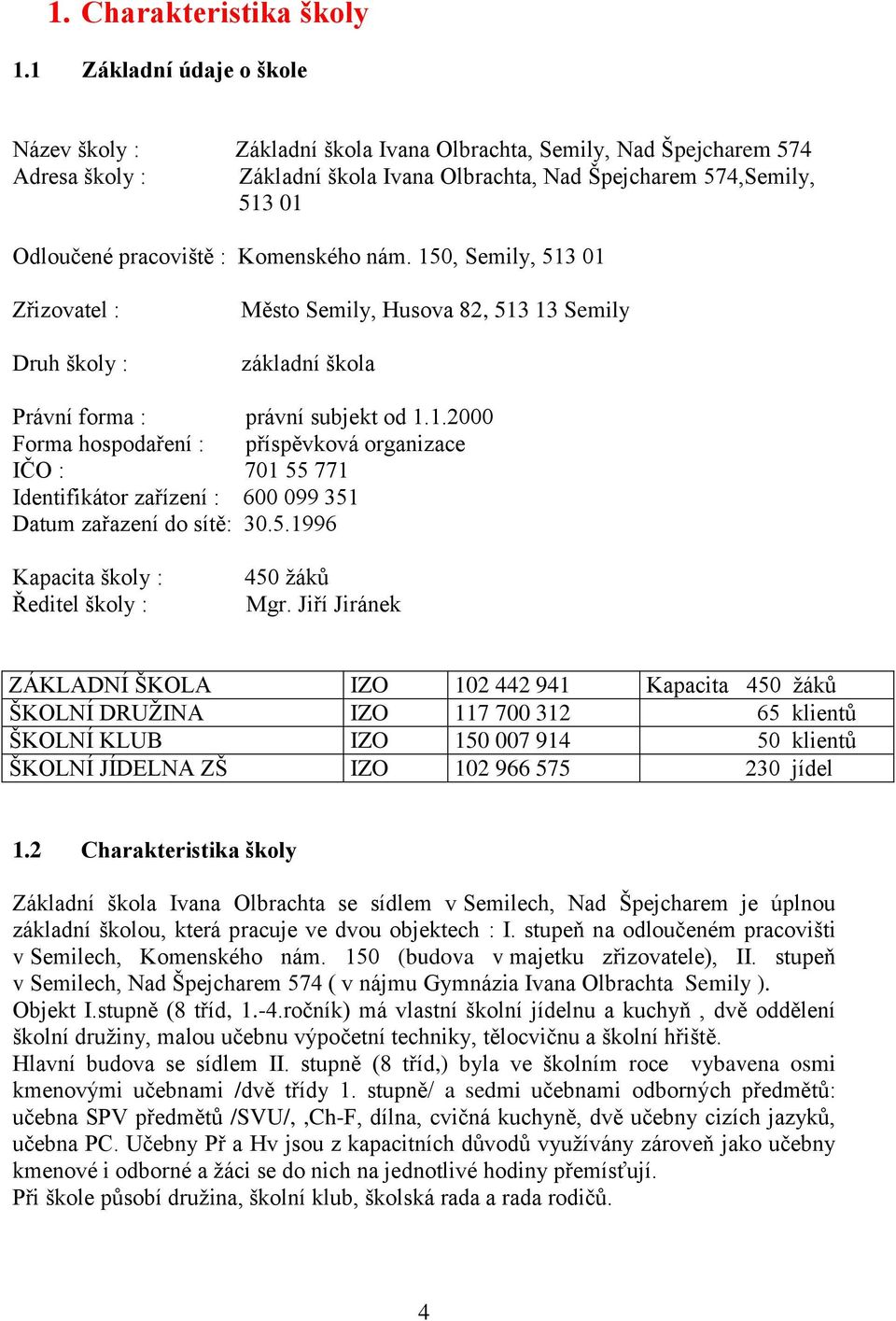 : Komenského nám. 150, Semily, 513 01 Zřizovatel : Druh školy : Město Semily, Husova 82, 513 13 Semily základní škola Právní forma : právní subjekt od 1.1.2000 Forma hospodaření : příspěvková organizace IČO : 701 55 771 Identifikátor zařízení : 600 099 351 Datum zařazení do sítě: 30.