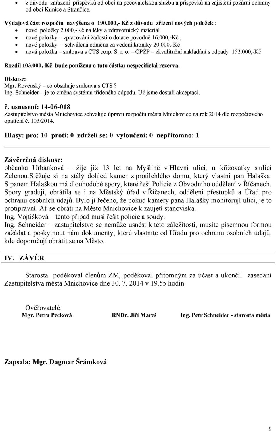 000,-Kč, nové položky schválená odměna za vedení kroniky 20.000,-Kč nová položka smlouva s CTS corp. S. r. o. OPŽP zkvalitnění nakládání s odpady 152.000,-Kč Rozdíl 103.