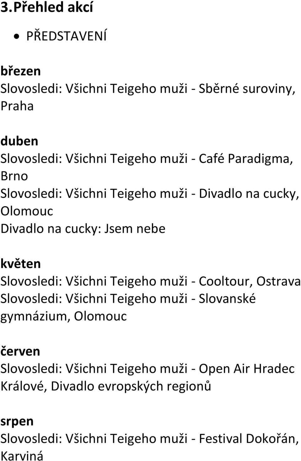Všichni Teigeho muži - Cooltour, Ostrava Slovosledi: Všichni Teigeho muži - Slovanské gymnázium, Olomouc červen Slovosledi: Všichni