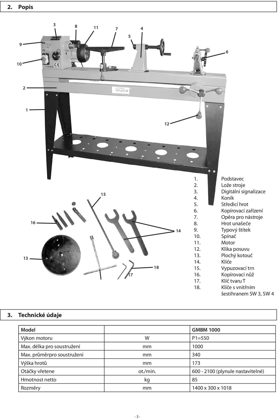 Kopírovací nůž 17. Klíč tvaru T 18. Klíče s vnitřním šestihranem SW 3, SW 4 3. Technické údaje Model GMBM 1000 Výkon motoru W P1=550 Max.