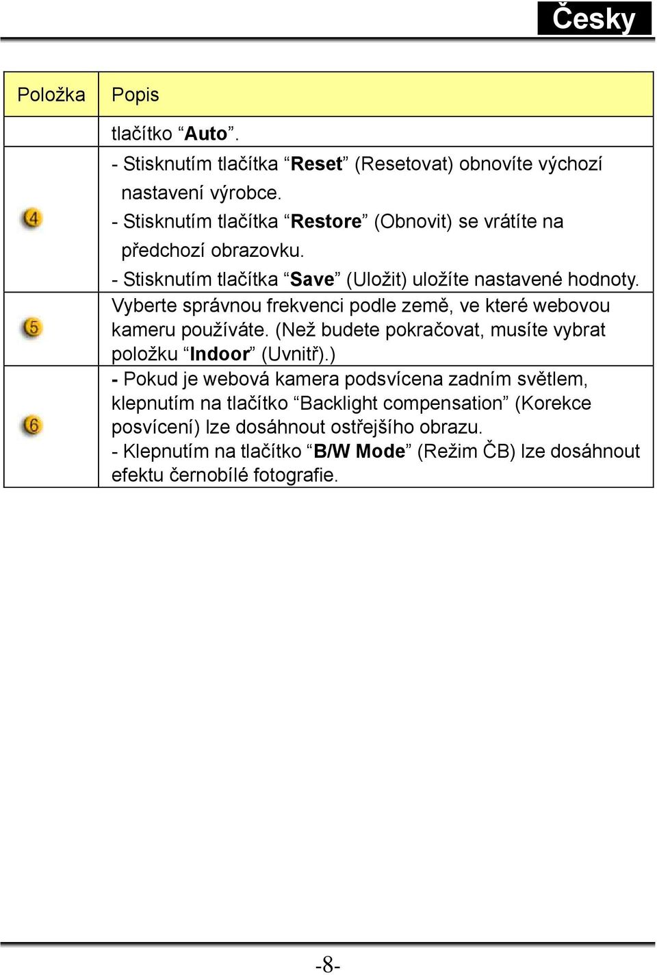 Vyberte správnou frekvenci podle země, ve které webovou kameru používáte. (Než budete pokračovat, musíte vybrat položku Indoor (Uvnitř).