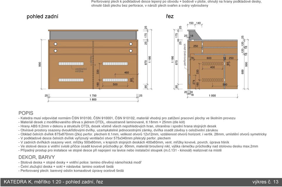 910100, ČSN 910001, ČSN 910102, materiál vhodný pro zatížení pracovní plochy ve školním provozu - Materiál desek z modifikovaného dřeva s jádrem DTDL, oboustranně laminované, tl.