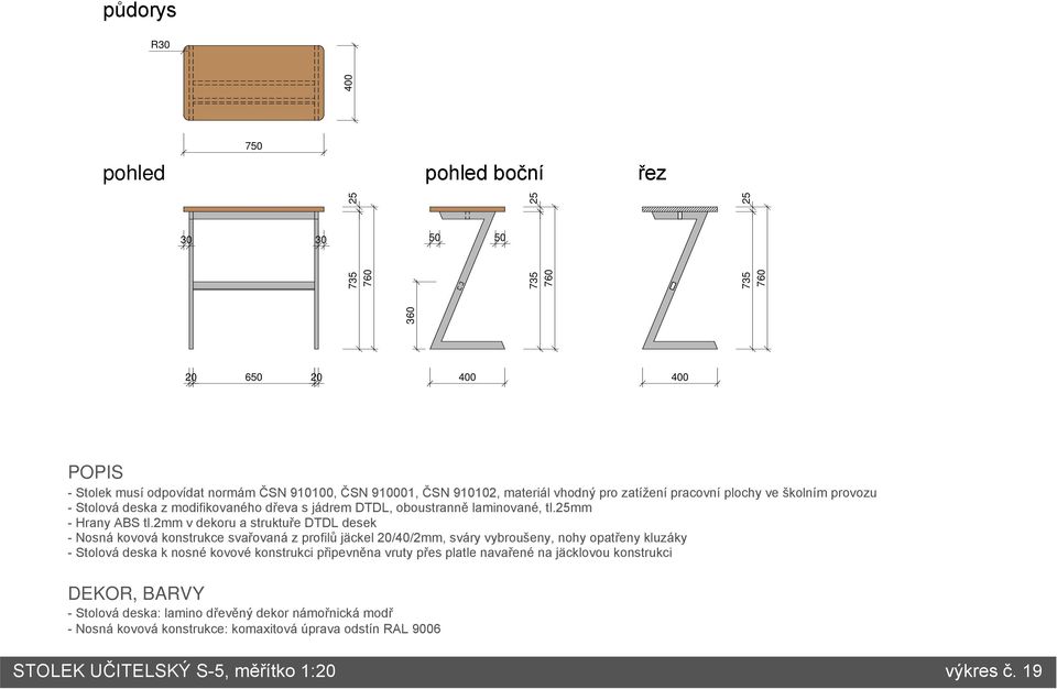 2mm v dekoru a struktuře DTDL desek - Nosná kovová konstrukce svařovaná z profilů jäckel 20/40/2mm, sváry vybroušeny, nohy opatřeny kluzáky - Stolová deska k nosné kovové konstrukci