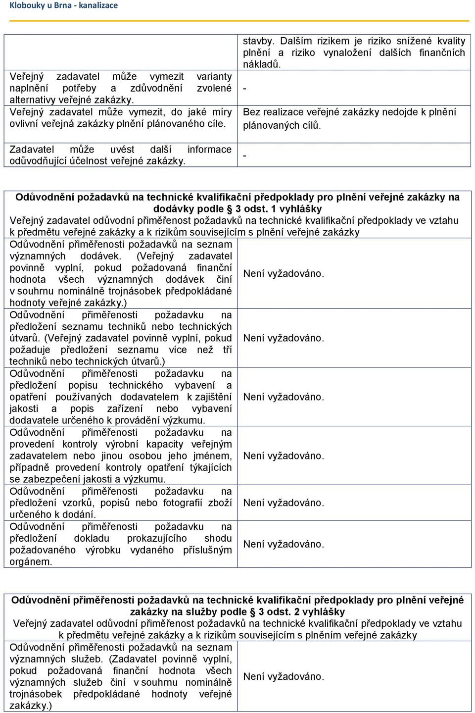 - Bez realizace veřejné zakázky nedojde k plnění plánovaných cílů. - Odůvodnění požadavků na technické kvalifikační předpoklady pro plnění veřejné zakázky na dodávky podle 3 odst.