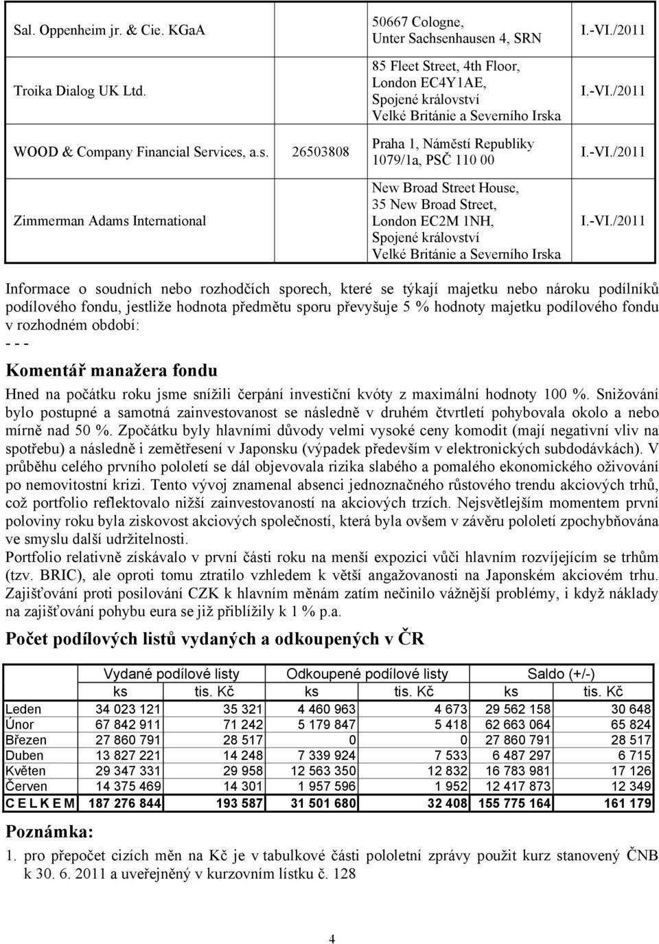 Republiky 1079/1a, PSČ 110 00 New Broad Street House, 35 New Broad Street, London EC2M 1NH, Spojené království Velké Británie a Severního Irska Informace o soudních nebo rozhodčích sporech, které se