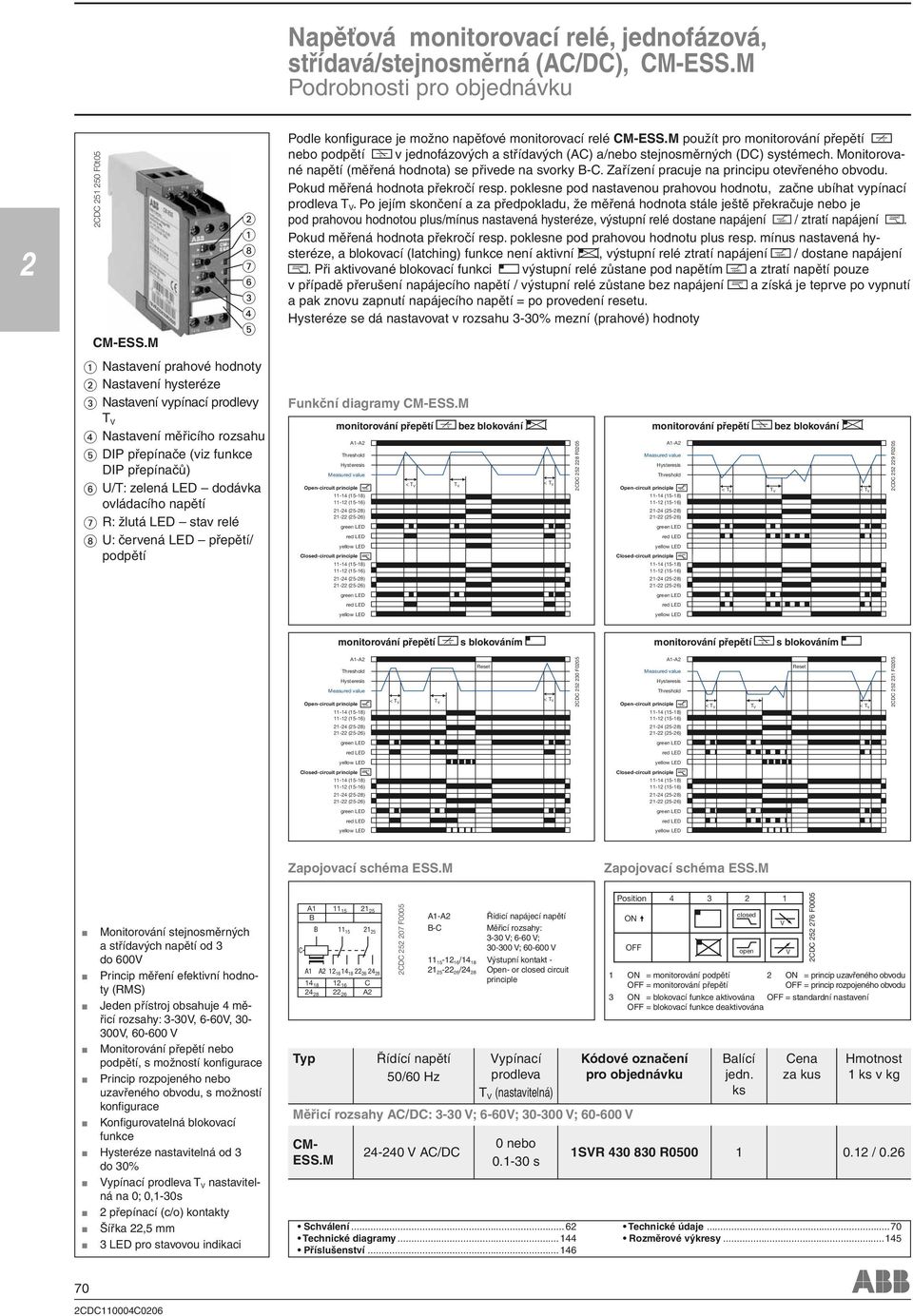 LED stav relé U: červená LED přepětí/ podpětí Napěťová monitorovací relé, jednofázová, střídavá/stejnosměrná (AC/DC), CM-ESS.