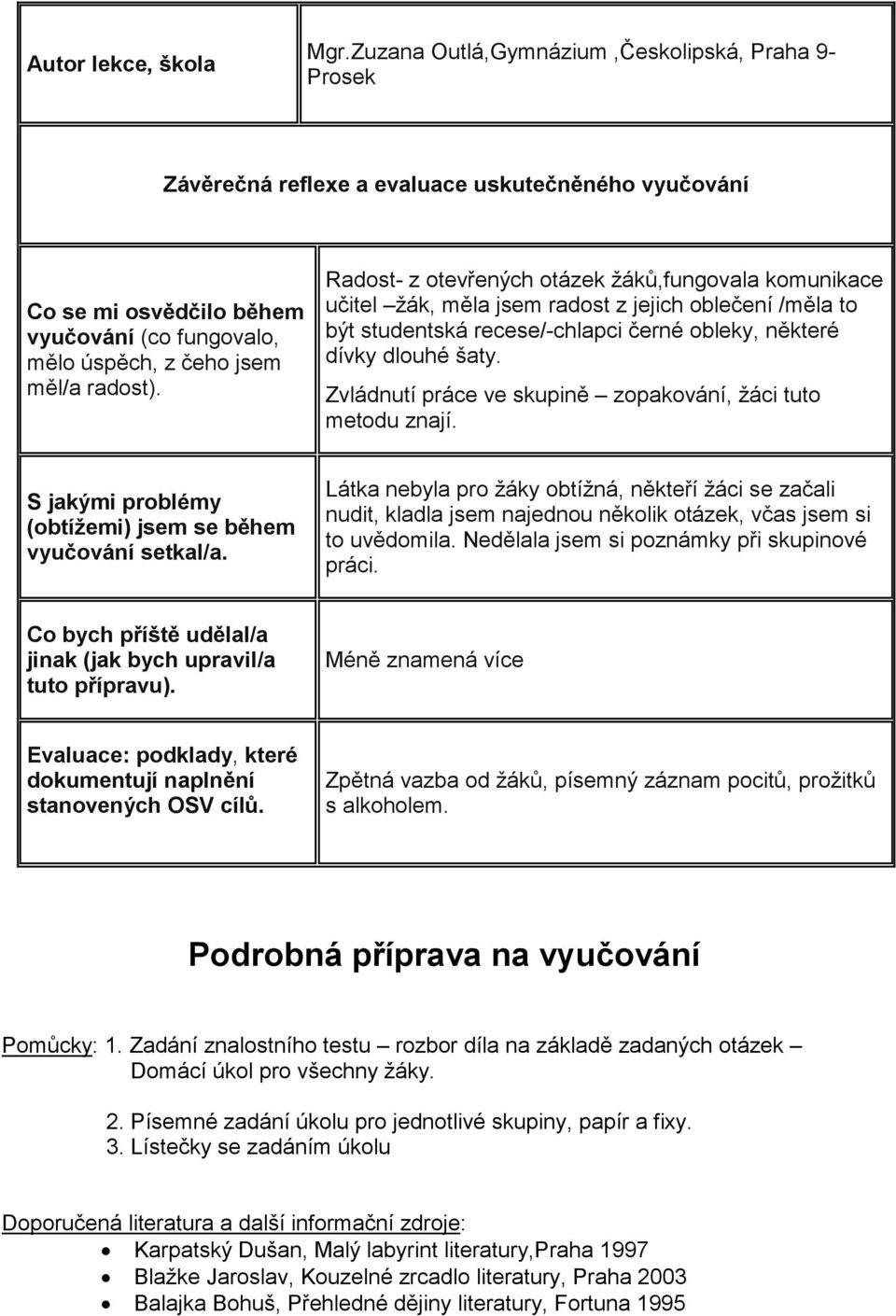 Radost- z otevřených otázek žáků,fungovala komunikace učitel žák, měla jsem radost z jejich oblečení /měla to být studentská recese/-chlapci černé obleky, některé dívky dlouhé šaty.