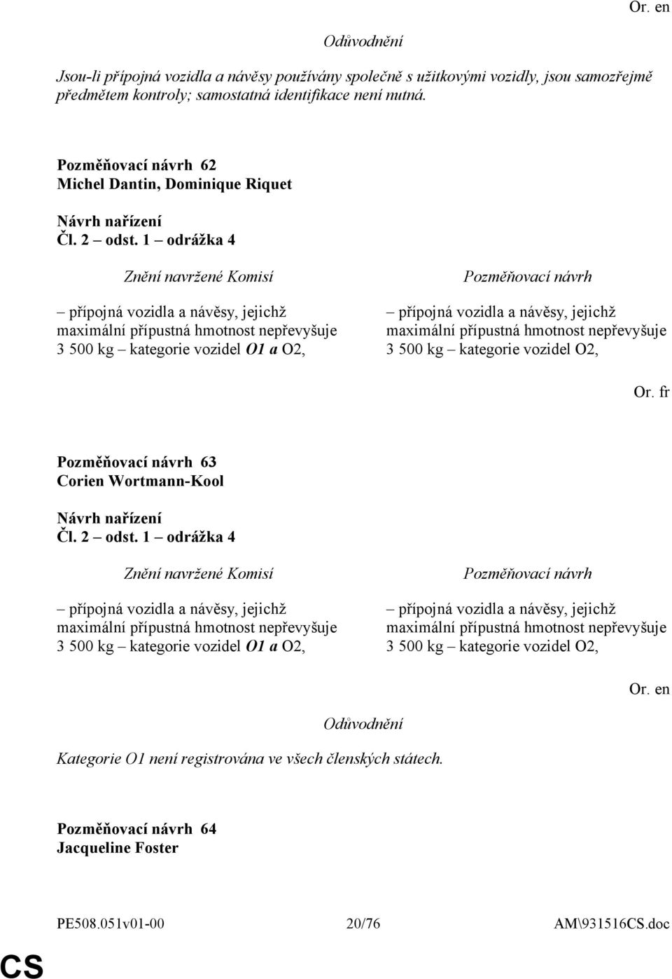 3 500 kg kategorie vozidel O2, Or. fr 63 Corien Wortmann-Kool Čl. 2 odst.  3 500 kg kategorie vozidel O2, Kategorie O1 není registrována ve všech členských státech. 64 Jacqueline Foster PE508.