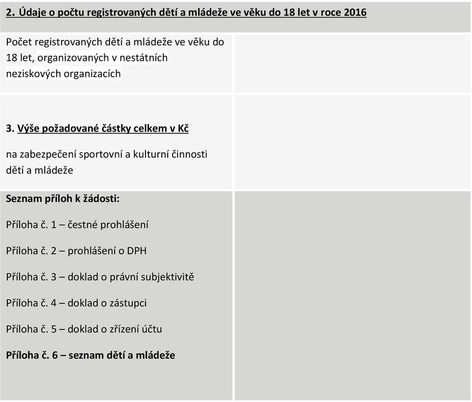 Výše požadované částky celkem v Kč na zabezpečení sportovní a kulturní činnosti dětí a mládeže Seznam příloh k žádosti: Příloha