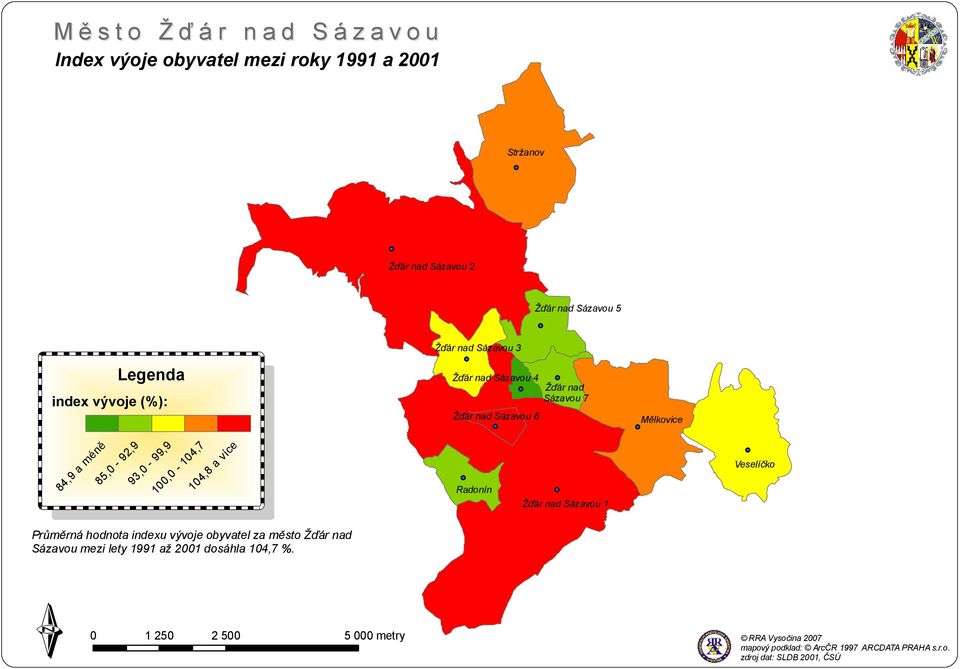 indexu vývoje obyvatel za město Sázavou mezi lety 91 až 21