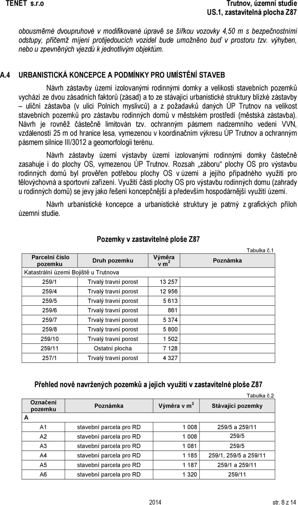 4 URBANISTICKÁ KONCEPCE A PODMÍNKY PRO UMÍSTĚNÍ STAVEB Návrh zástavby území izolovanými rodinnými domky a velikosti stavebních pozemků vychází ze dvou zásadních faktorů (zásad) a to ze stávající